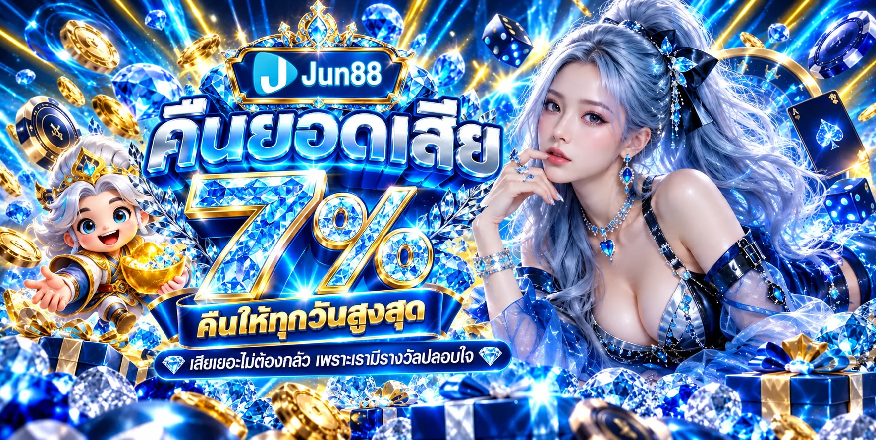 Jun88 สล็อตออนไลน์โทนน้ำเงินทองพร้อมตัวละคร